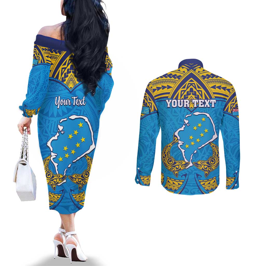 Personalised Tuvalu Independence Day Couples Matching Off The Shoulder Long Sleeve Dress and Long Sleeve Button Shirt Coat Of Arms With Polynesian Dolphin Tattoo
