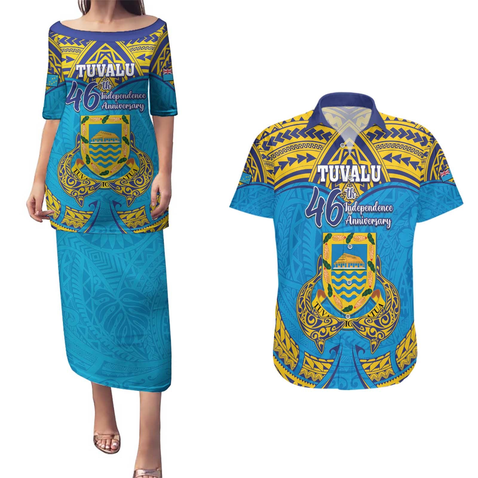 Personalised Tuvalu Independence Day Couples Matching Puletasi and Hawaiian Shirt Coat Of Arms With Polynesian Dolphin Tattoo