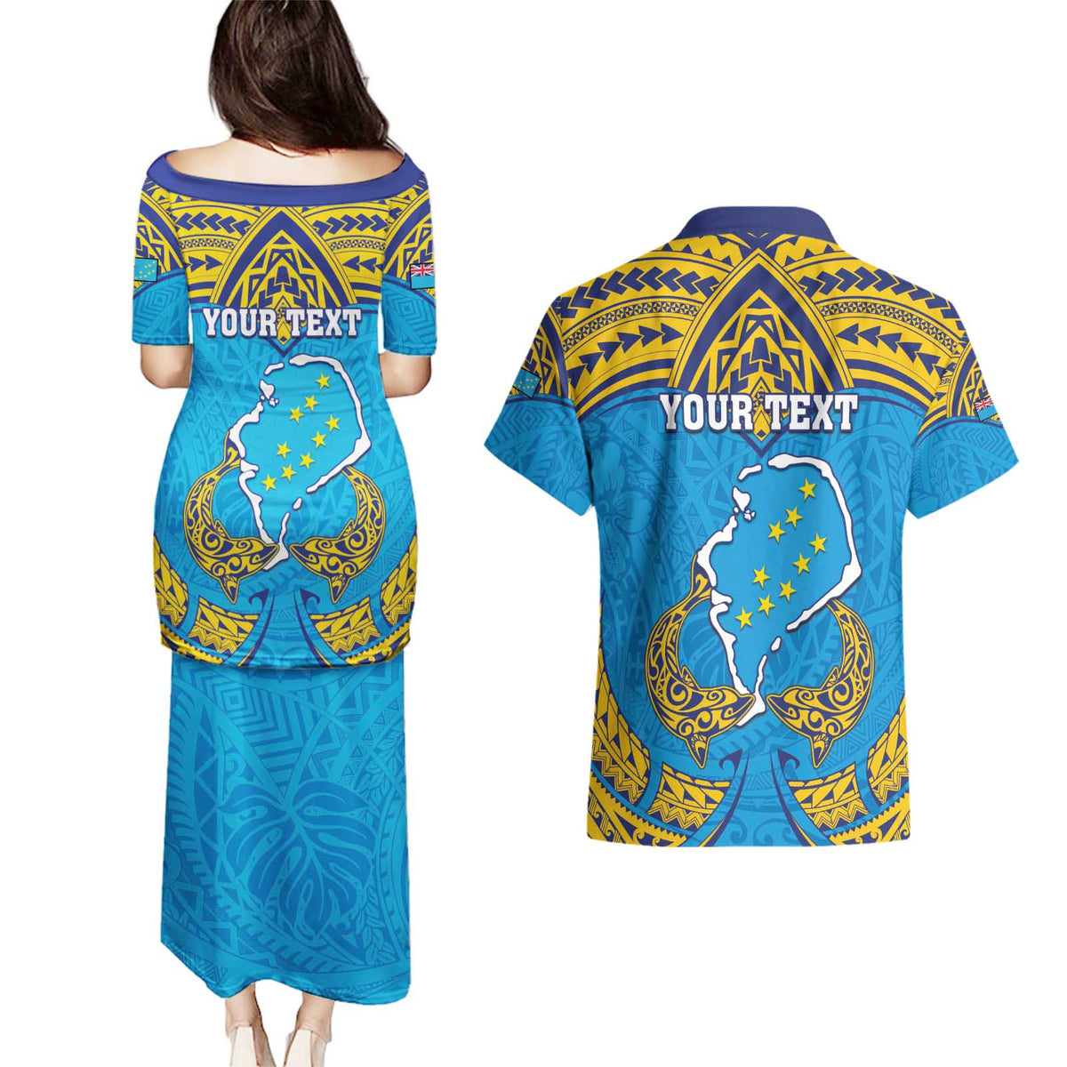 Personalised Tuvalu Independence Day Couples Matching Puletasi and Hawaiian Shirt Coat Of Arms With Polynesian Dolphin Tattoo