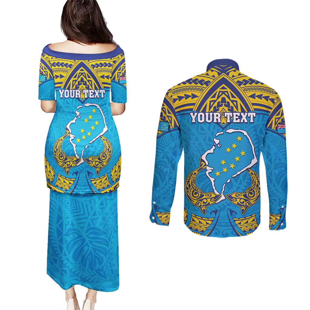 Personalised Tuvalu Independence Day Couples Matching Puletasi and Long Sleeve Button Shirt Coat Of Arms With Polynesian Dolphin Tattoo