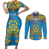 Personalised Tuvalu Independence Day Couples Matching Short Sleeve Bodycon Dress and Long Sleeve Button Shirt Coat Of Arms With Polynesian Dolphin Tattoo