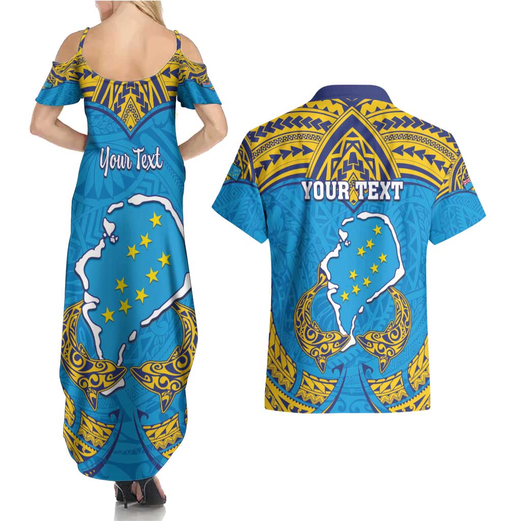 Personalised Tuvalu Independence Day Couples Matching Summer Maxi Dress and Hawaiian Shirt Coat Of Arms With Polynesian Dolphin Tattoo