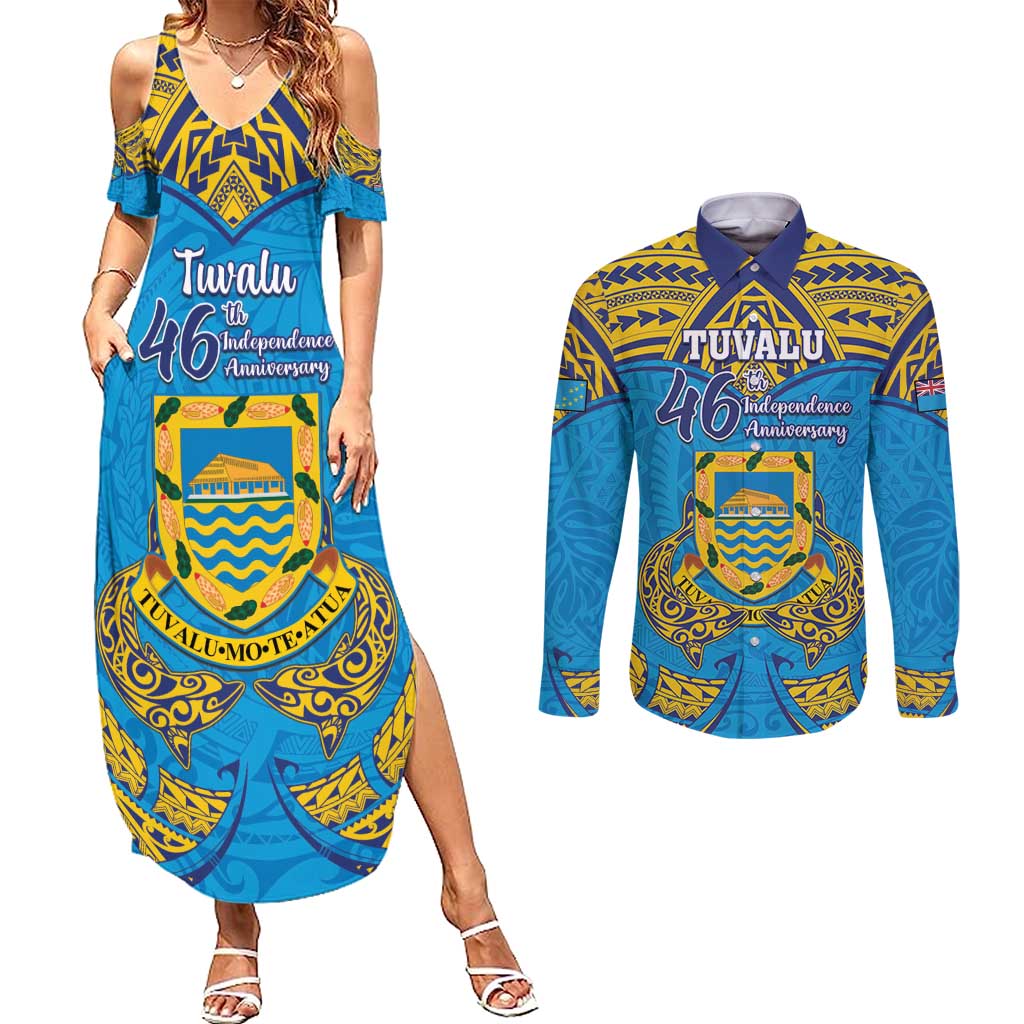 Personalised Tuvalu Independence Day Couples Matching Summer Maxi Dress and Long Sleeve Button Shirt Coat Of Arms With Polynesian Dolphin Tattoo
