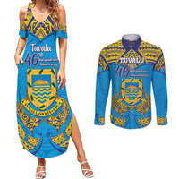 Personalised Tuvalu Independence Day Couples Matching Summer Maxi Dress and Long Sleeve Button Shirt Coat Of Arms With Polynesian Dolphin Tattoo