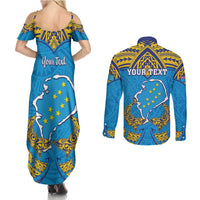Personalised Tuvalu Independence Day Couples Matching Summer Maxi Dress and Long Sleeve Button Shirt Coat Of Arms With Polynesian Dolphin Tattoo