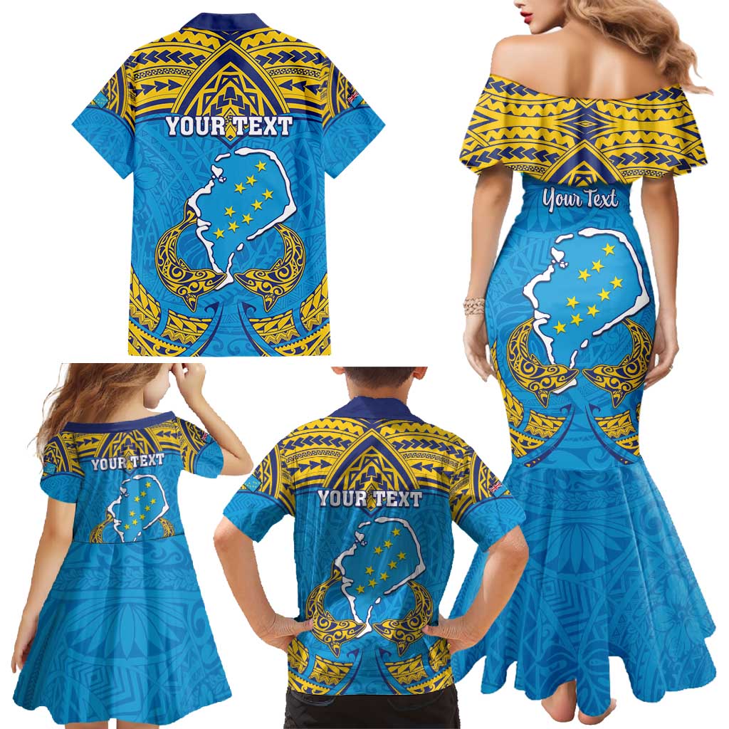 Personalised Tuvalu Independence Day Family Matching Mermaid Dress and Hawaiian Shirt Coat Of Arms With Polynesian Dolphin Tattoo