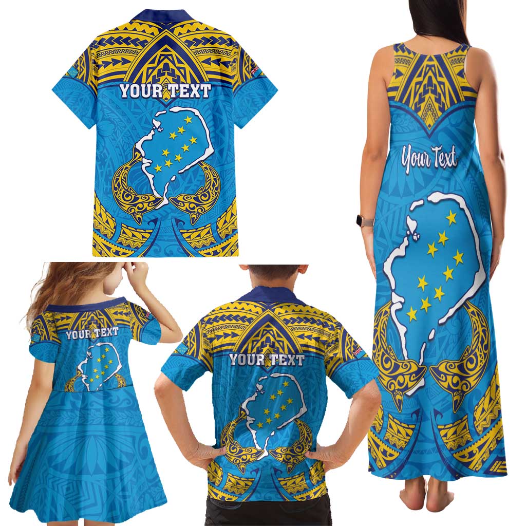 Personalised Tuvalu Independence Day Family Matching Tank Maxi Dress and Hawaiian Shirt Coat Of Arms With Polynesian Dolphin Tattoo