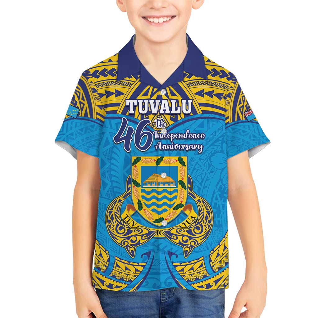 Personalised Tuvalu Independence Day Family Matching Tank Maxi Dress and Hawaiian Shirt Coat Of Arms With Polynesian Dolphin Tattoo
