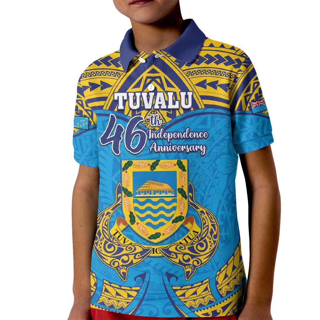 Personalised Tuvalu Independence Day Kid Polo Shirt Coat Of Arms With Polynesian Dolphin Tattoo