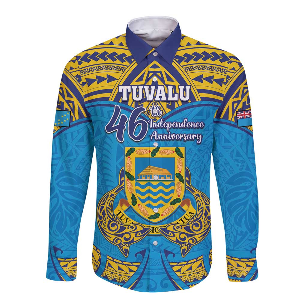 Personalised Tuvalu Independence Day Long Sleeve Button Shirt Coat Of Arms With Polynesian Dolphin Tattoo