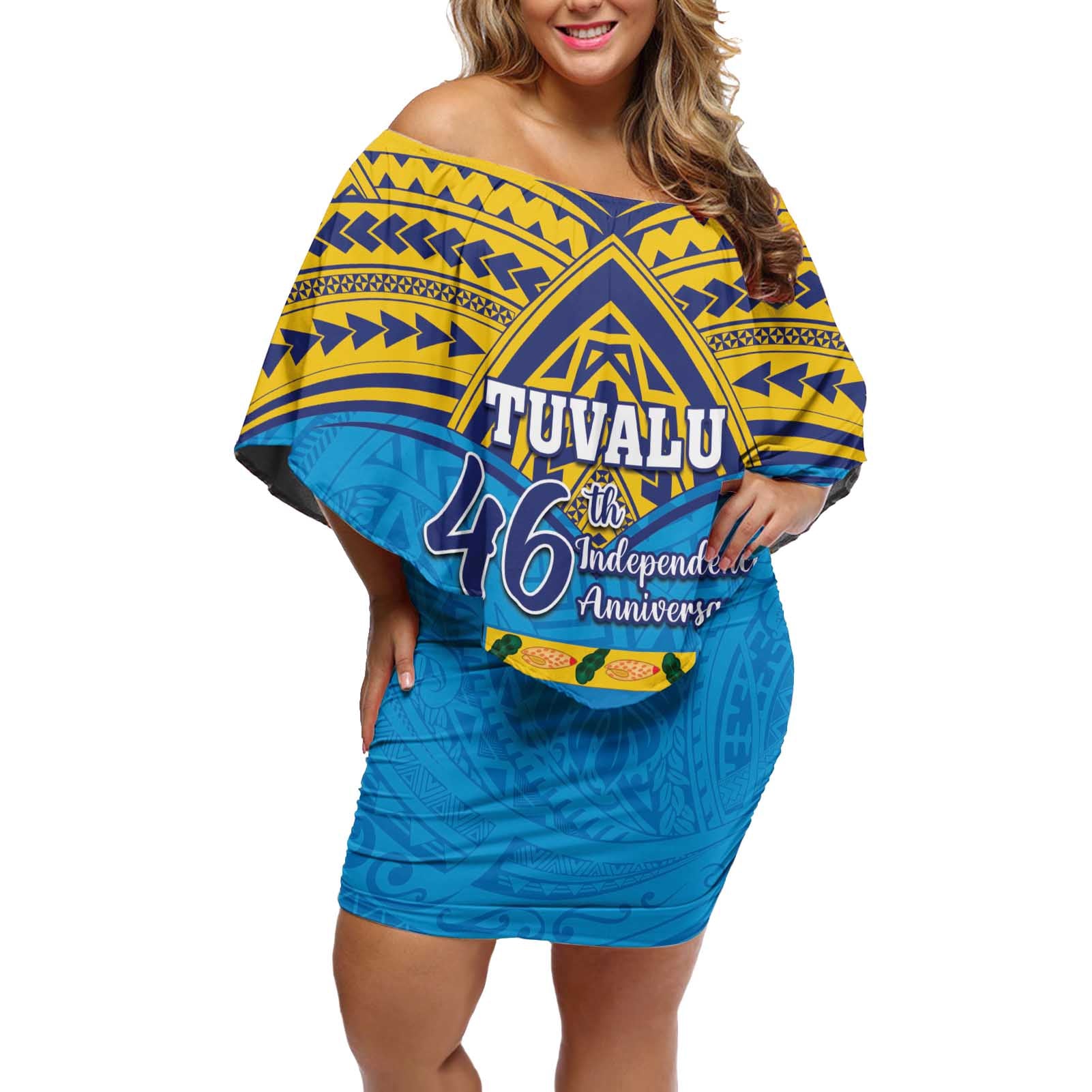 Personalised Tuvalu Independence Day Off Shoulder Short Dress Coat Of Arms With Polynesian Dolphin Tattoo