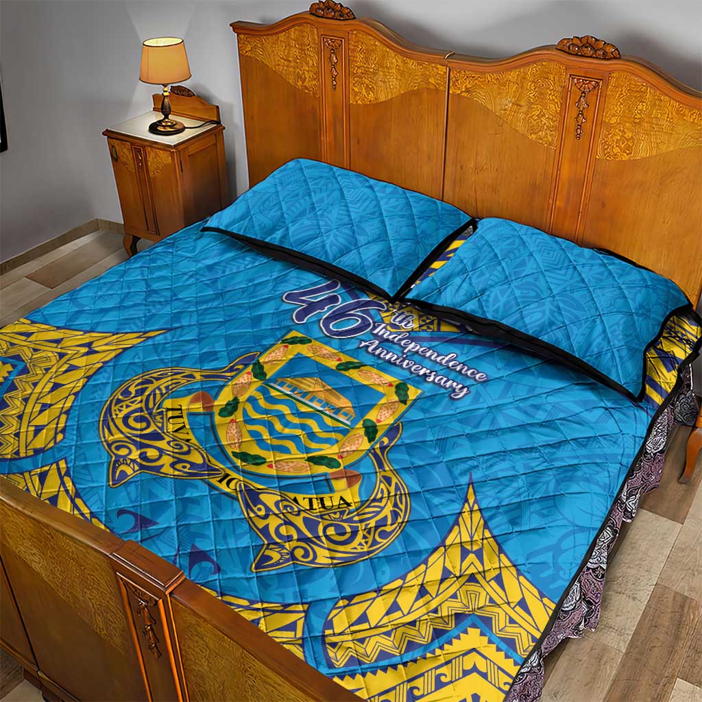 Tuvalu Independence Day Quilt Bed Set Coat Of Arms With Polynesian Dolphin Tattoo