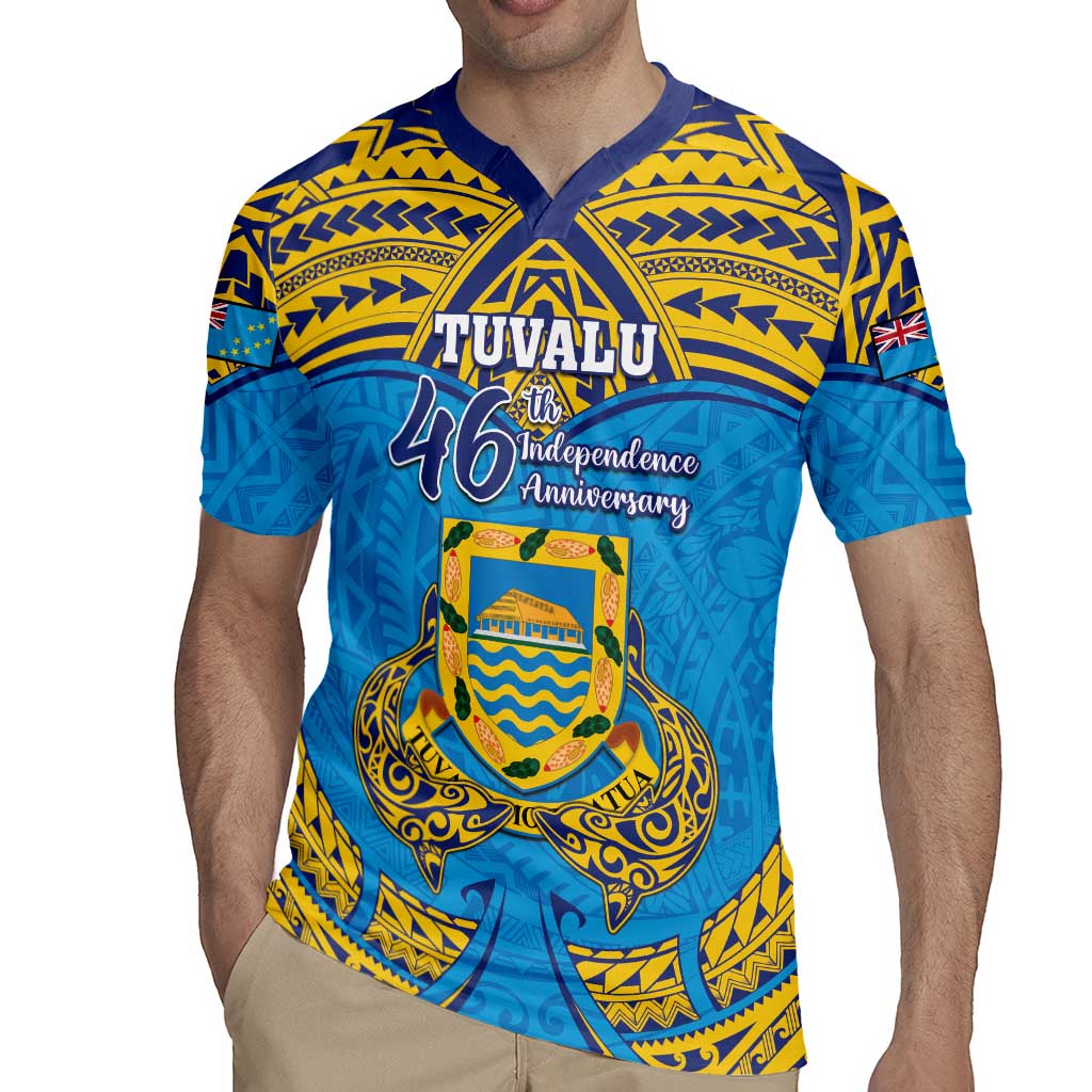 Personalised Tuvalu Independence Day Rugby Jersey Coat Of Arms With Polynesian Dolphin Tattoo