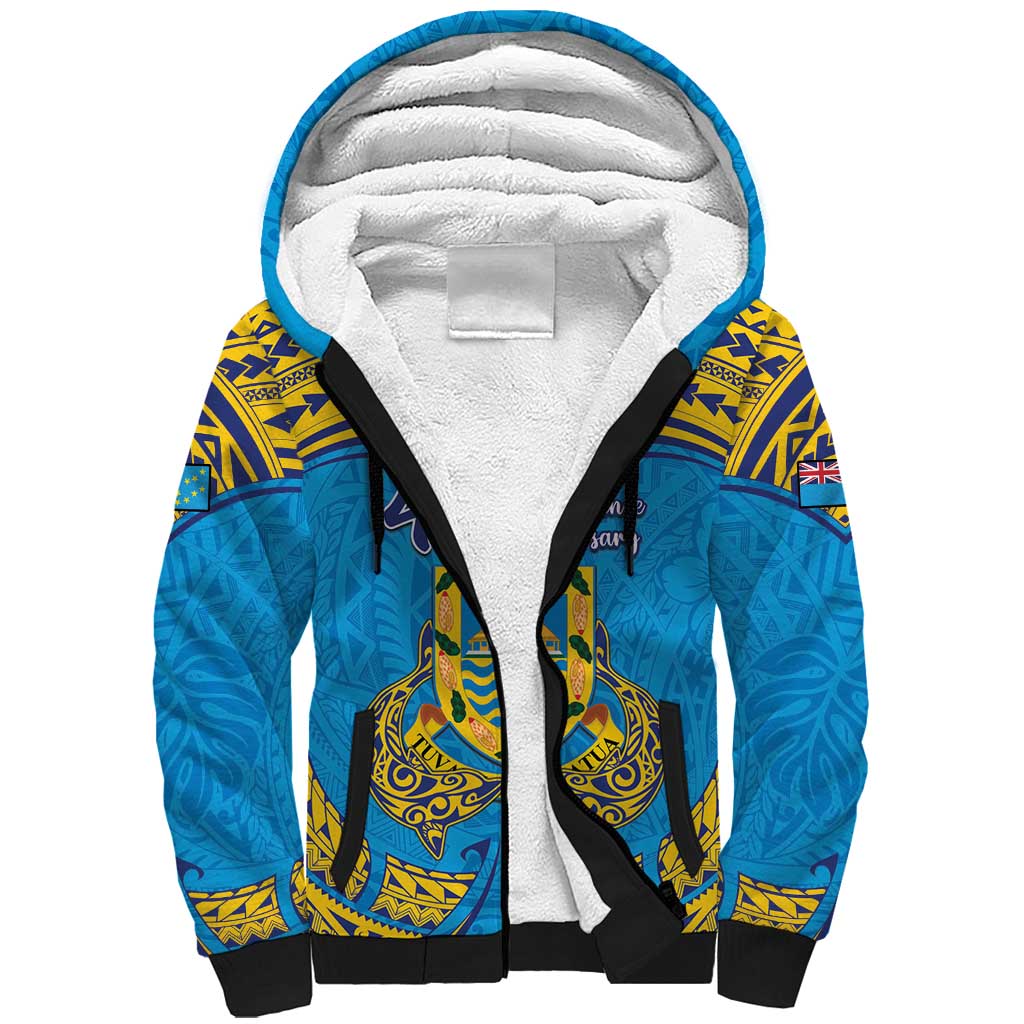 Personalised Tuvalu Independence Day Sherpa Hoodie Coat Of Arms With Polynesian Dolphin Tattoo