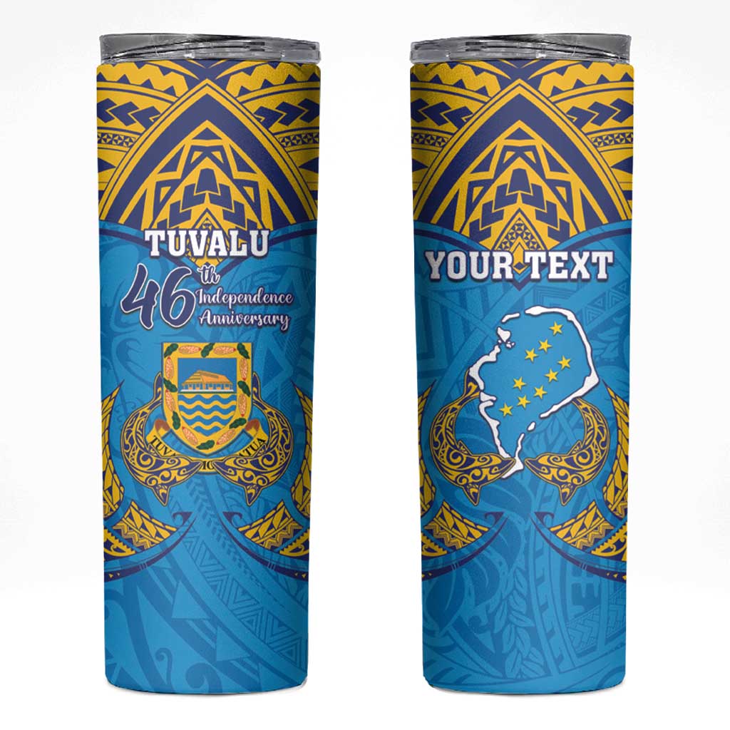 Personalised Tuvalu Independence Day Skinny Tumbler Coat Of Arms With Polynesian Dolphin Tattoo