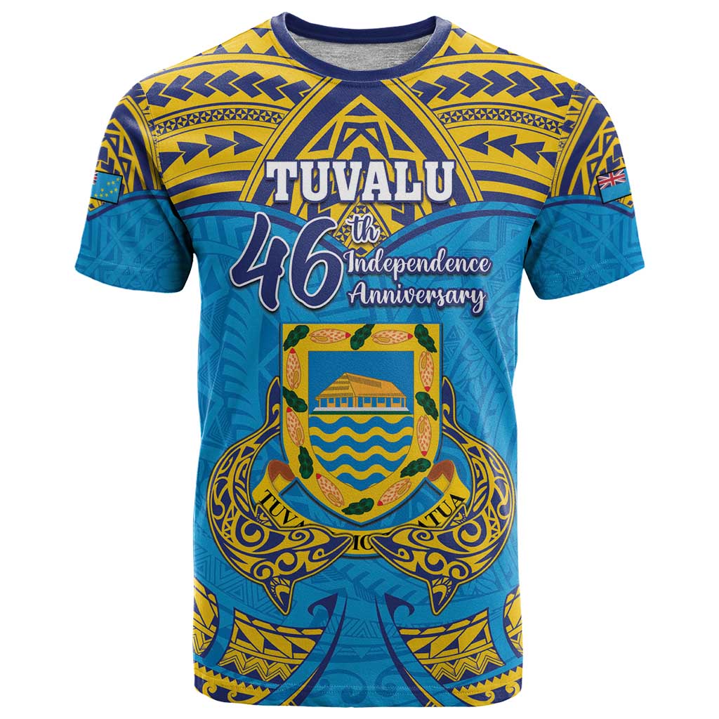 Personalised Tuvalu Independence Day T Shirt Coat Of Arms With Polynesian Dolphin Tattoo