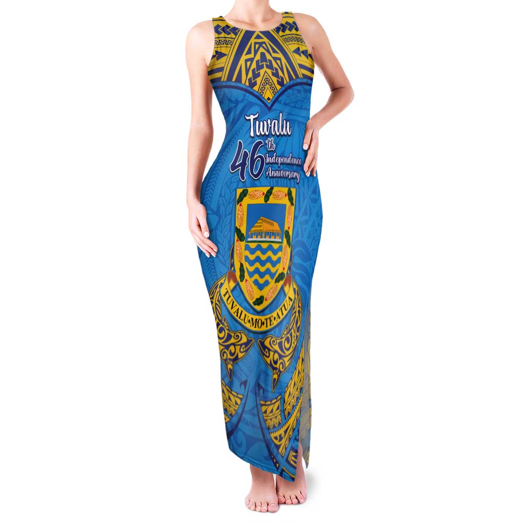 Personalised Tuvalu Independence Day Tank Maxi Dress Coat Of Arms With Polynesian Dolphin Tattoo