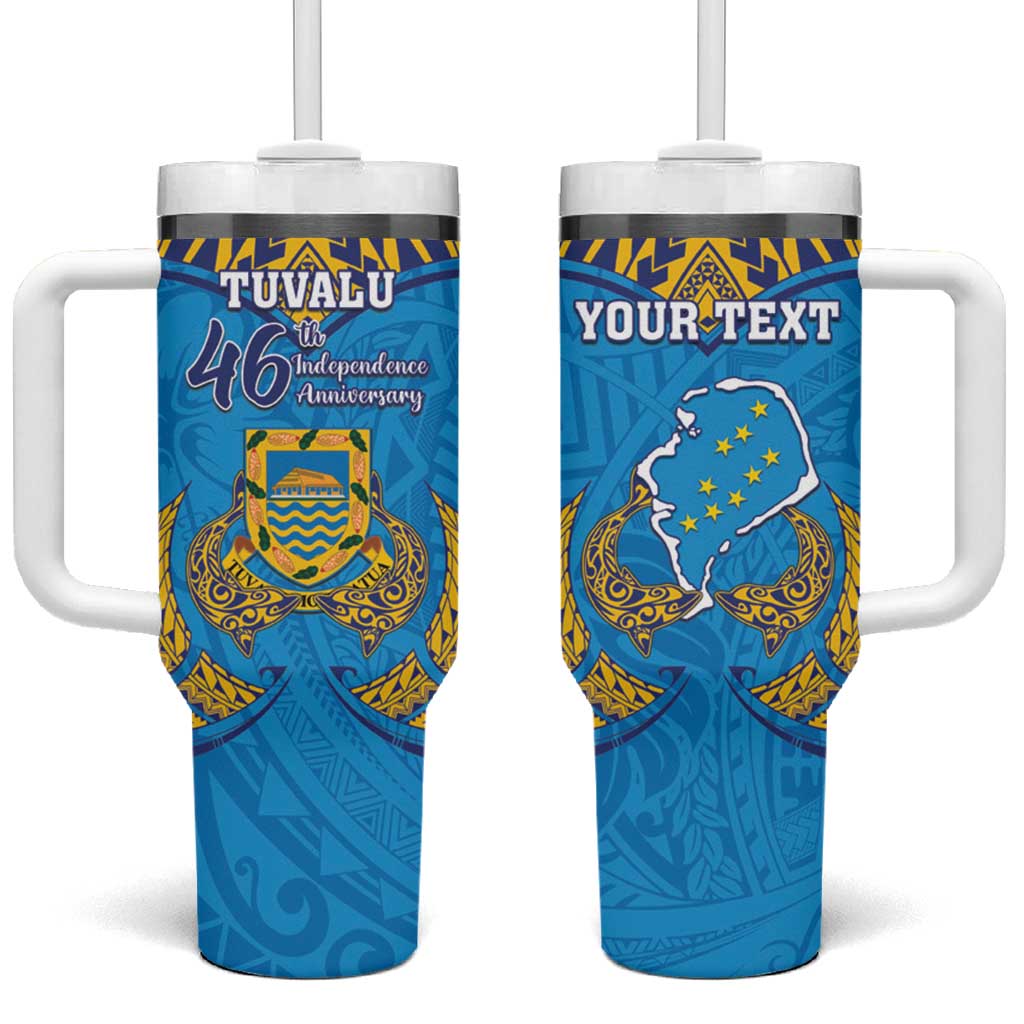 Personalised Tuvalu Independence Day Tumbler With Handle Coat Of Arms With Polynesian Dolphin Tattoo