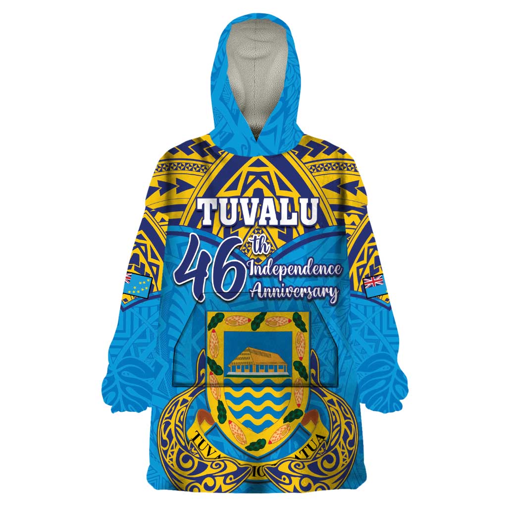 Personalised Tuvalu Independence Day Wearable Blanket Hoodie Coat Of Arms With Polynesian Dolphin Tattoo