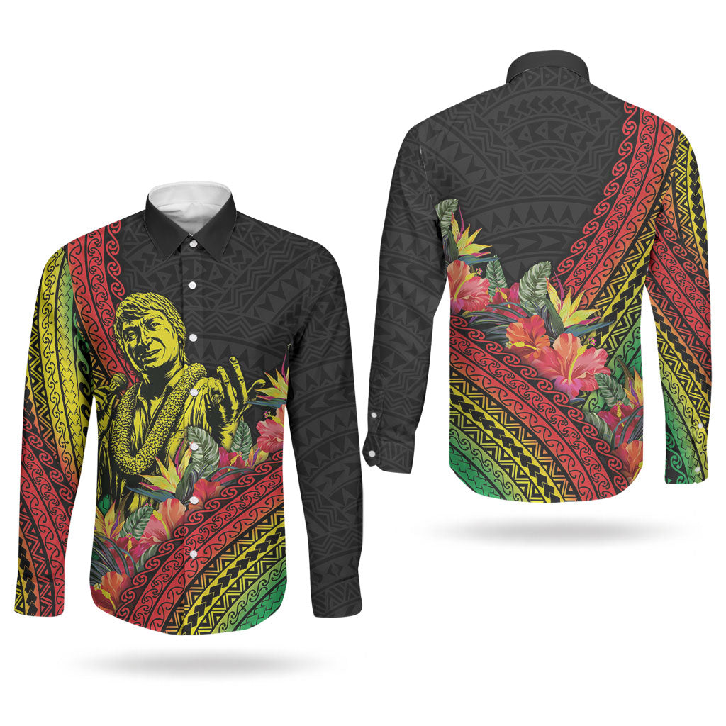 Retro Hawaiian Singer Couples Matching Long Sleeve Bodycon Dress and Long Sleeve Button Shirt Polynesian Style Tropical Flowers LT05 - Polynesian Pride