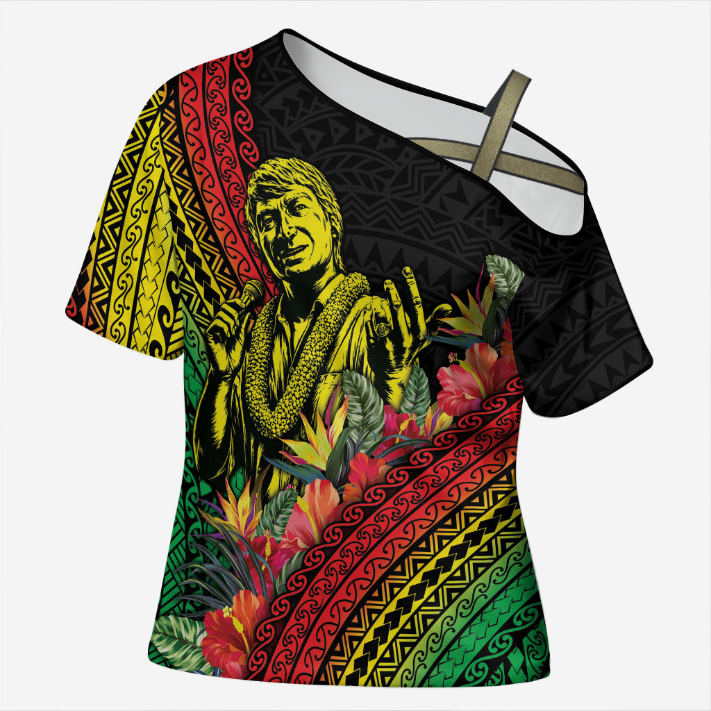 Retro Hawaiian Singer Cross Shoulder Shirt Polynesian Style Tropical Flowers