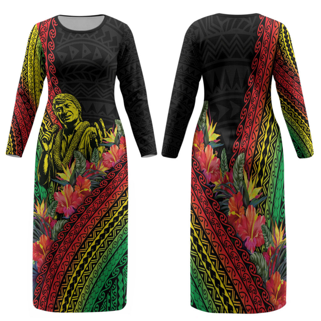 Retro Hawaiian Singer Family Matching Long Sleeve Bodycon Dress and Hawaiian Shirt Polynesian Style Tropical Flowers LT05 Mom's Dress Black - Polynesian Pride