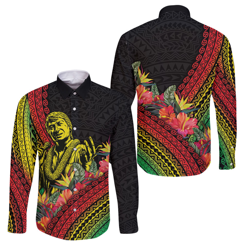 Retro Hawaiian Singer Family Matching Off The Shoulder Long Sleeve Dress and Hawaiian Shirt Polynesian Style Tropical Flowers LT05 Dad's Shirt - Long Sleeve Black - Polynesian Pride