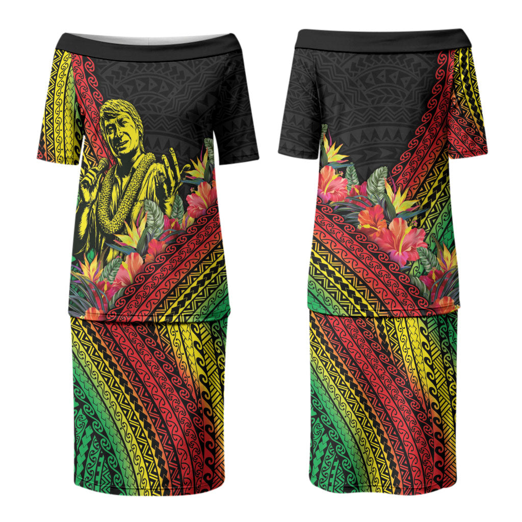 Retro Hawaiian Singer Family Matching Puletasi and Hawaiian Shirt Polynesian Style Tropical Flowers LT05 Mom's Dress Black - Polynesian Pride
