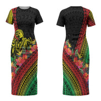 Retro Hawaiian Singer Family Matching Short Sleeve Bodycon Dress and Hawaiian Shirt Polynesian Style Tropical Flowers LT05 Mom's Dress Black - Polynesian Pride