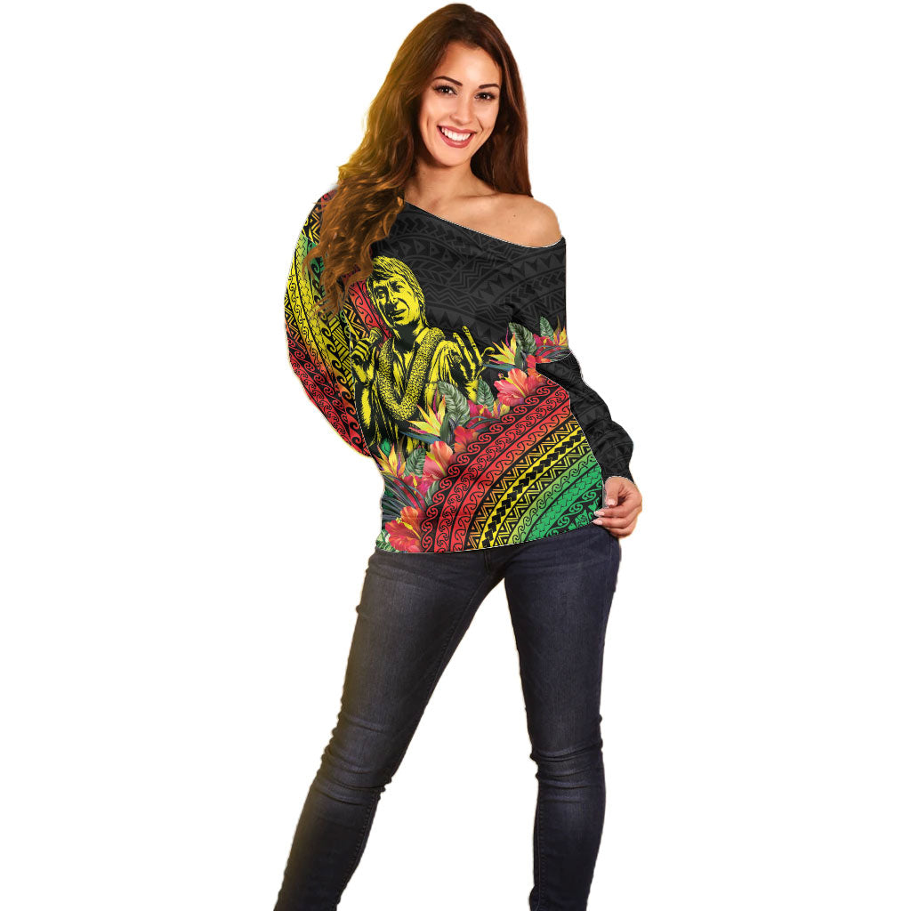 Retro Hawaiian Singer Off Shoulder Sweater Polynesian Style Tropical Flowers LT05 - Polynesian Pride