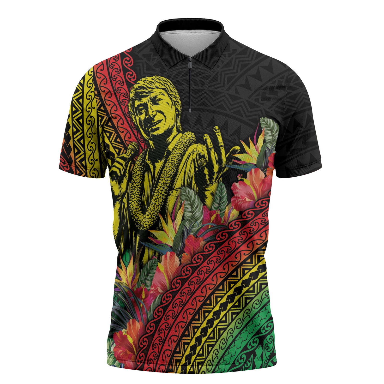 Retro Hawaiian Singer Zipper Polo Shirt Polynesian Style Tropical Flowers