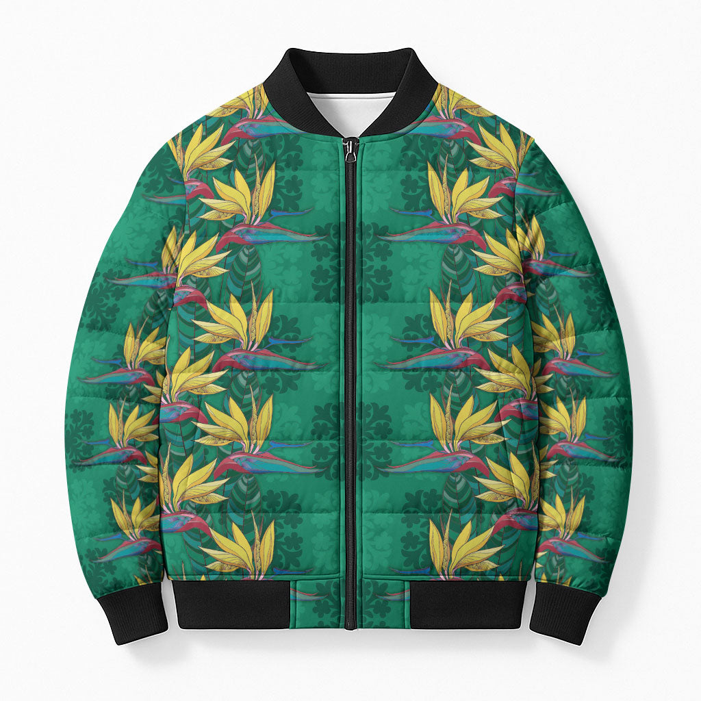 Hawaii Waikiki King Bomber Puffer Jacket Green Quilt With Pua Manu