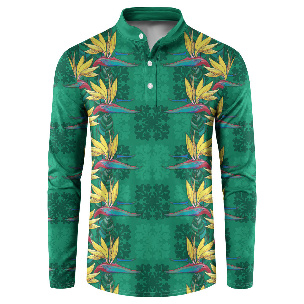Hawaii Waikiki King Button Sweatshirt Green Quilt With Pua Manu