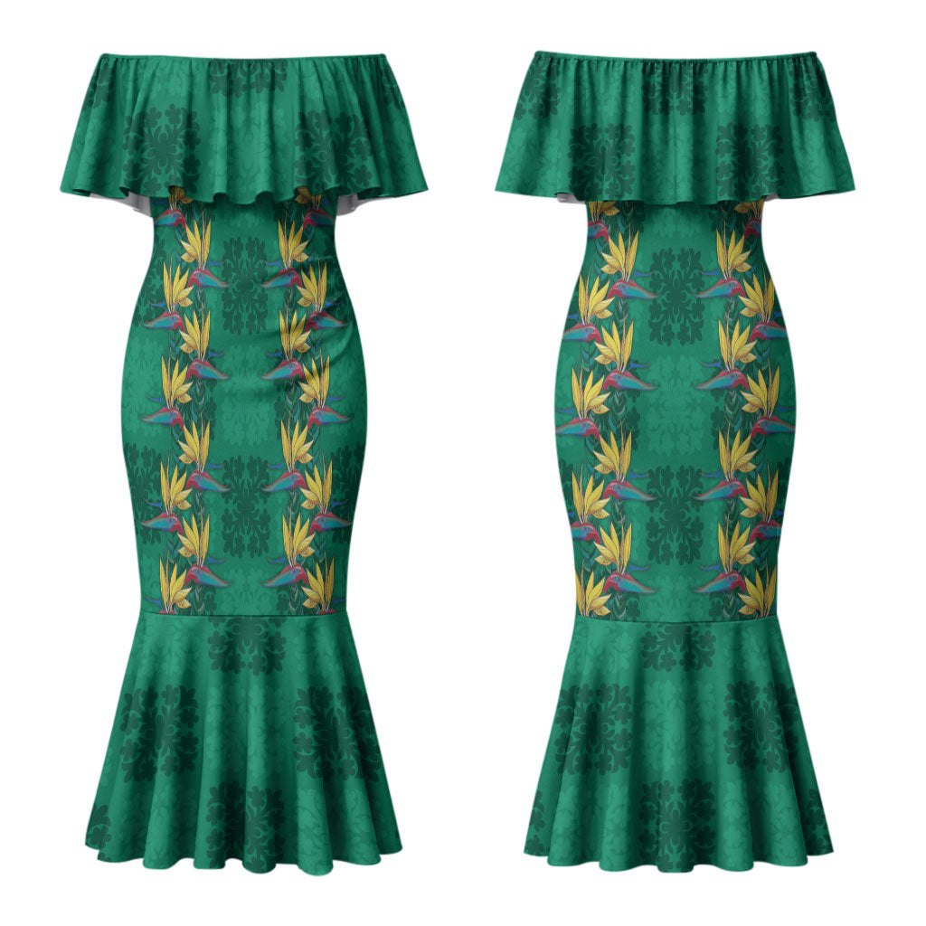 Hawaii Waikiki King Couples Matching Mermaid Dress and Long Sleeve Button Shirt Green Quilt With Pua Manu LT05 - Polynesian Pride