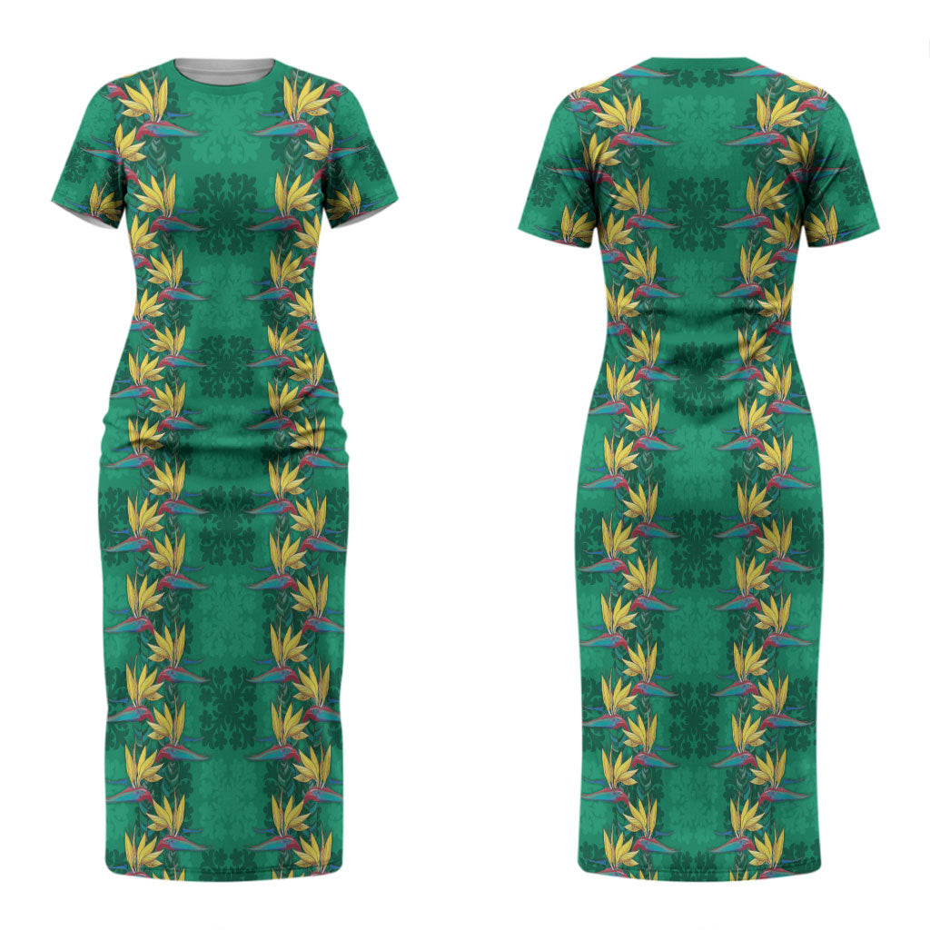 Hawaii Waikiki King Couples Matching Short Sleeve Bodycon Dress and Hawaiian Shirt Green Quilt With Pua Manu LT05 - Polynesian Pride