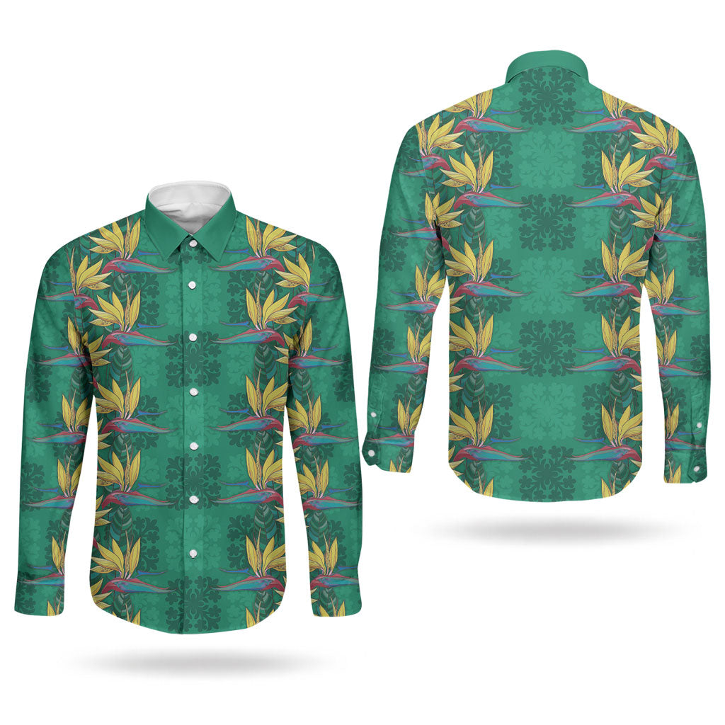 Hawaii Waikiki King Couples Matching Tank Maxi Dress and Long Sleeve Button Shirt Green Quilt With Pua Manu LT05 - Polynesian Pride