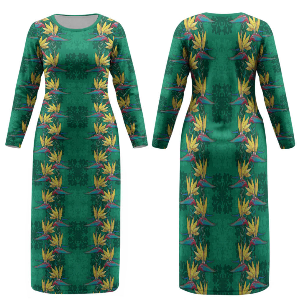Hawaii Waikiki King Family Matching Long Sleeve Bodycon Dress and Hawaiian Shirt Green Quilt With Pua Manu LT05 Mom's Dress Green - Polynesian Pride