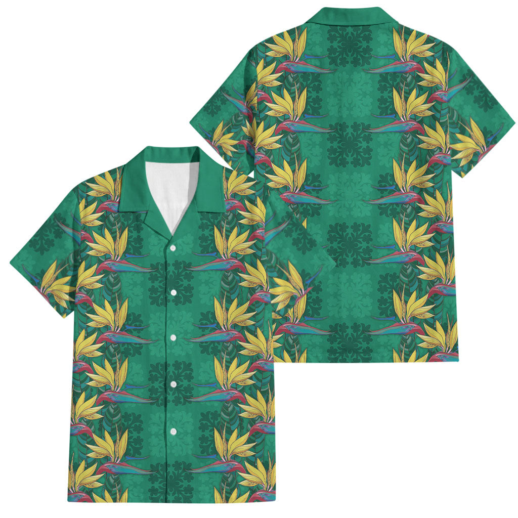 Hawaii Waikiki King Family Matching Off The Shoulder Long Sleeve Dress and Hawaiian Shirt Green Quilt With Pua Manu LT05 Dad's Shirt - Short Sleeve Green - Polynesian Pride
