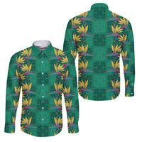 Hawaii Waikiki King Family Matching Off The Shoulder Long Sleeve Dress and Hawaiian Shirt Green Quilt With Pua Manu LT05 Dad's Shirt - Long Sleeve Green - Polynesian Pride