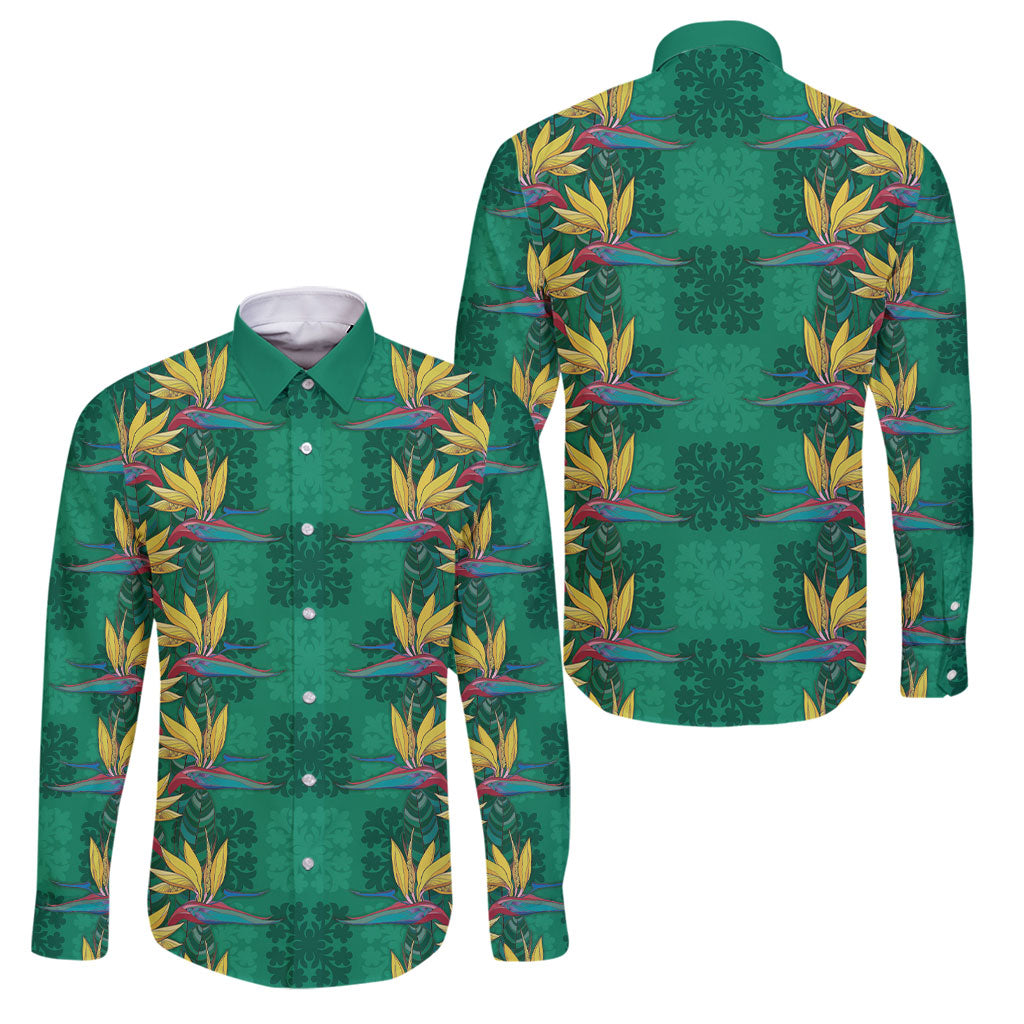Hawaii Waikiki King Family Matching Off Shoulder Short Dress and Hawaiian Shirt Green Quilt With Pua Manu LT05 Dad's Shirt - Long Sleeve Green - Polynesian Pride