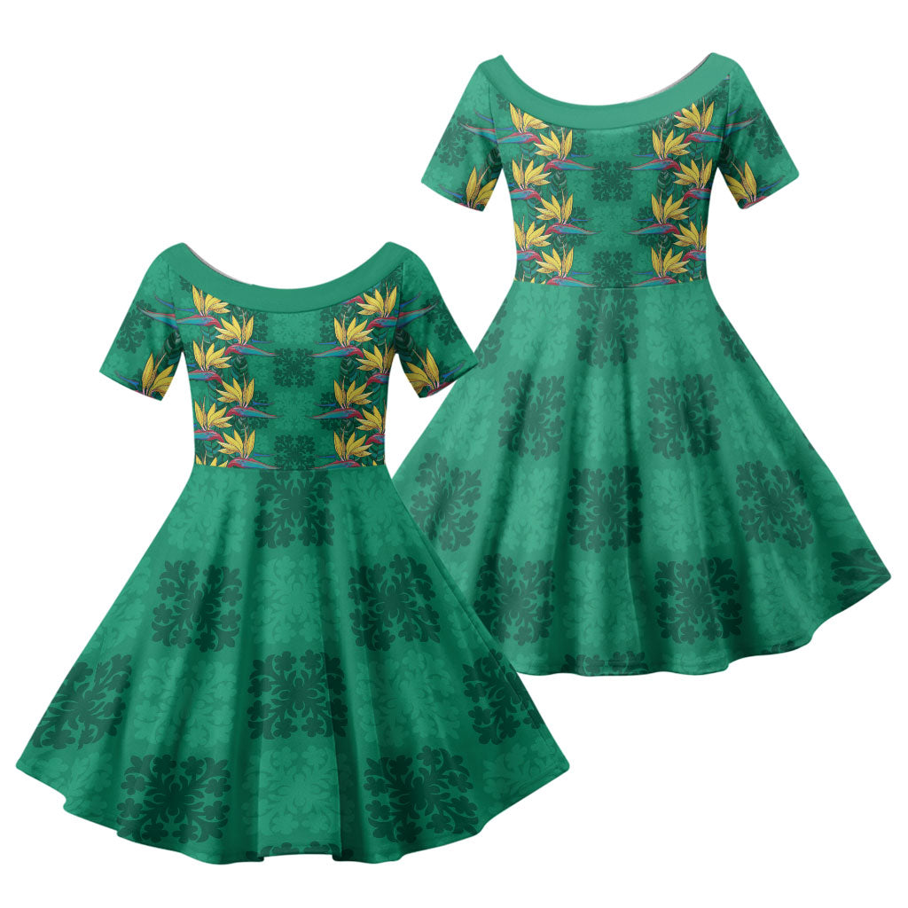 Hawaii Waikiki King Family Matching Off Shoulder Short Dress and Hawaiian Shirt Green Quilt With Pua Manu LT05 Daughter's Dress Green - Polynesian Pride