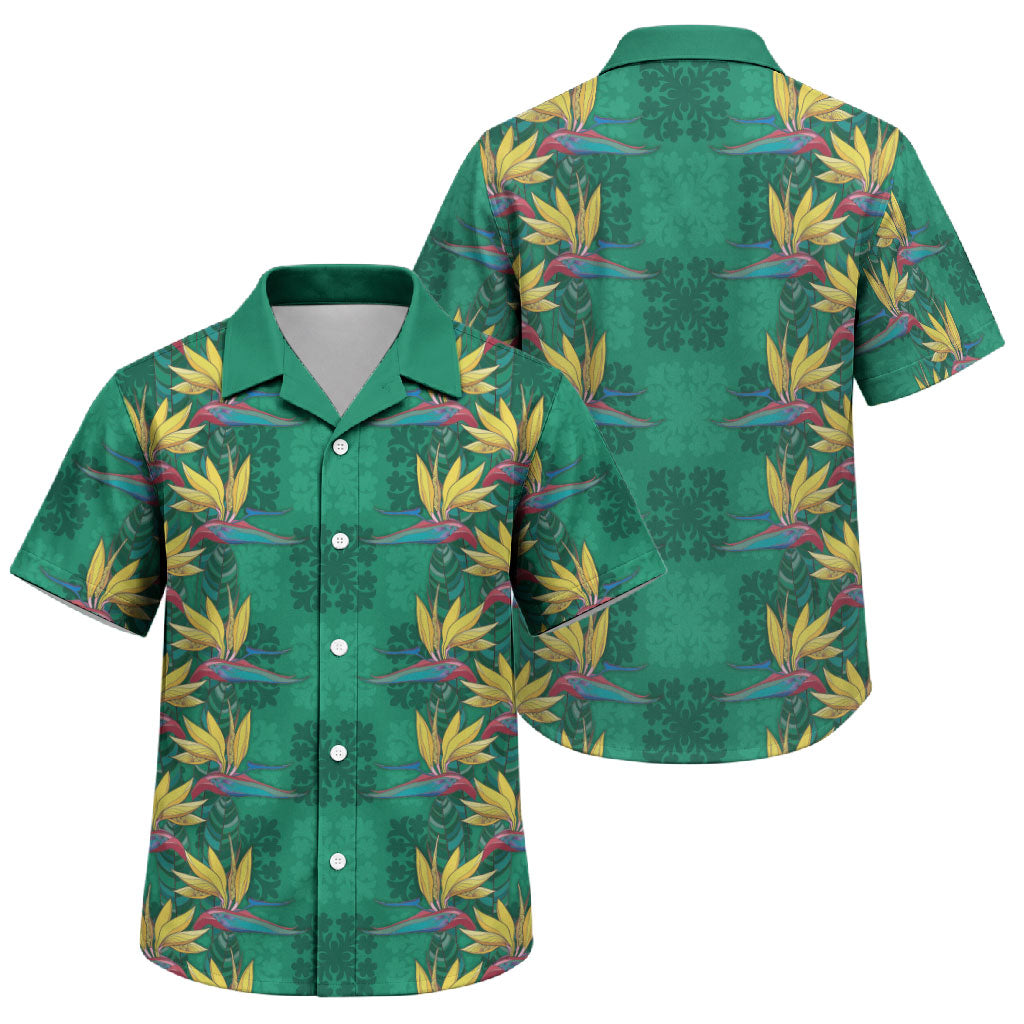 Hawaii Waikiki King Family Matching Off Shoulder Short Dress and Hawaiian Shirt Green Quilt With Pua Manu LT05 Son's Shirt Green - Polynesian Pride