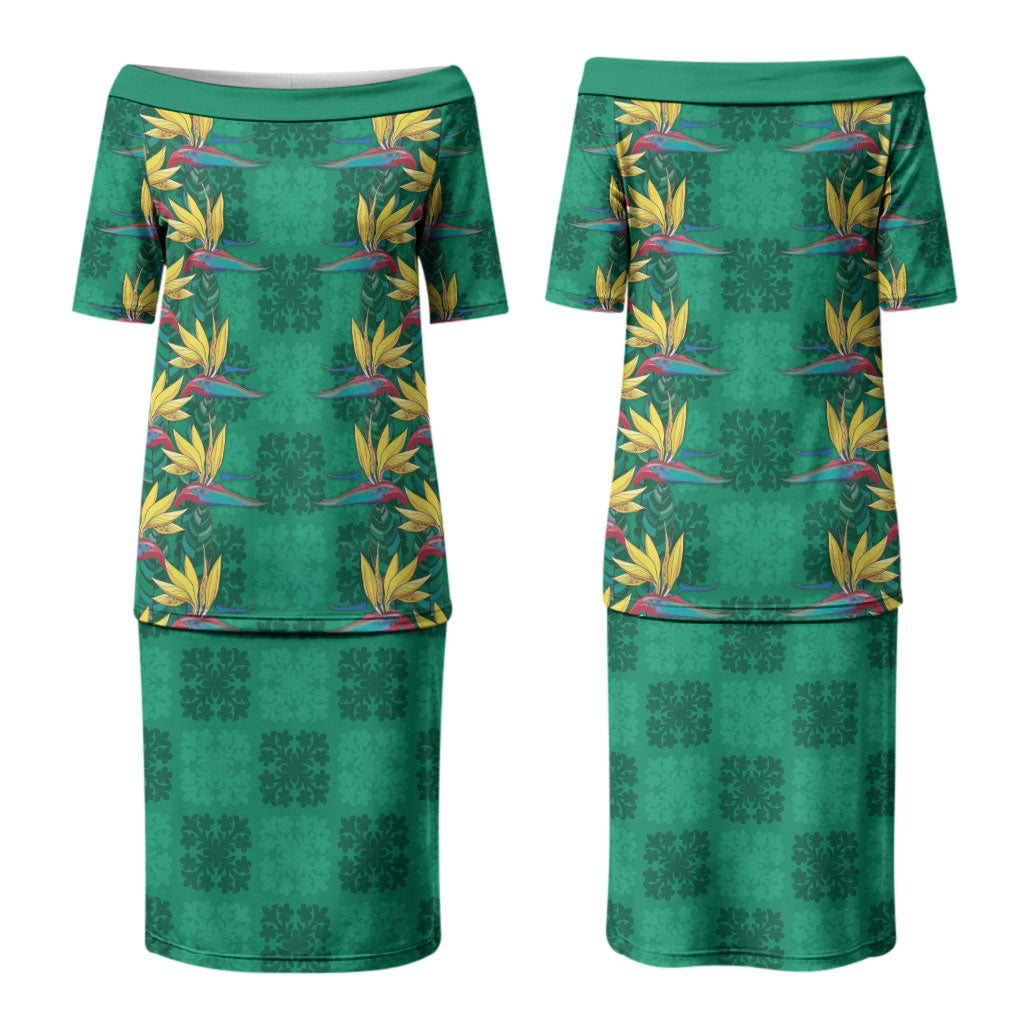 Hawaii Waikiki King Family Matching Puletasi and Hawaiian Shirt Green Quilt With Pua Manu LT05 Mom's Dress Green - Polynesian Pride