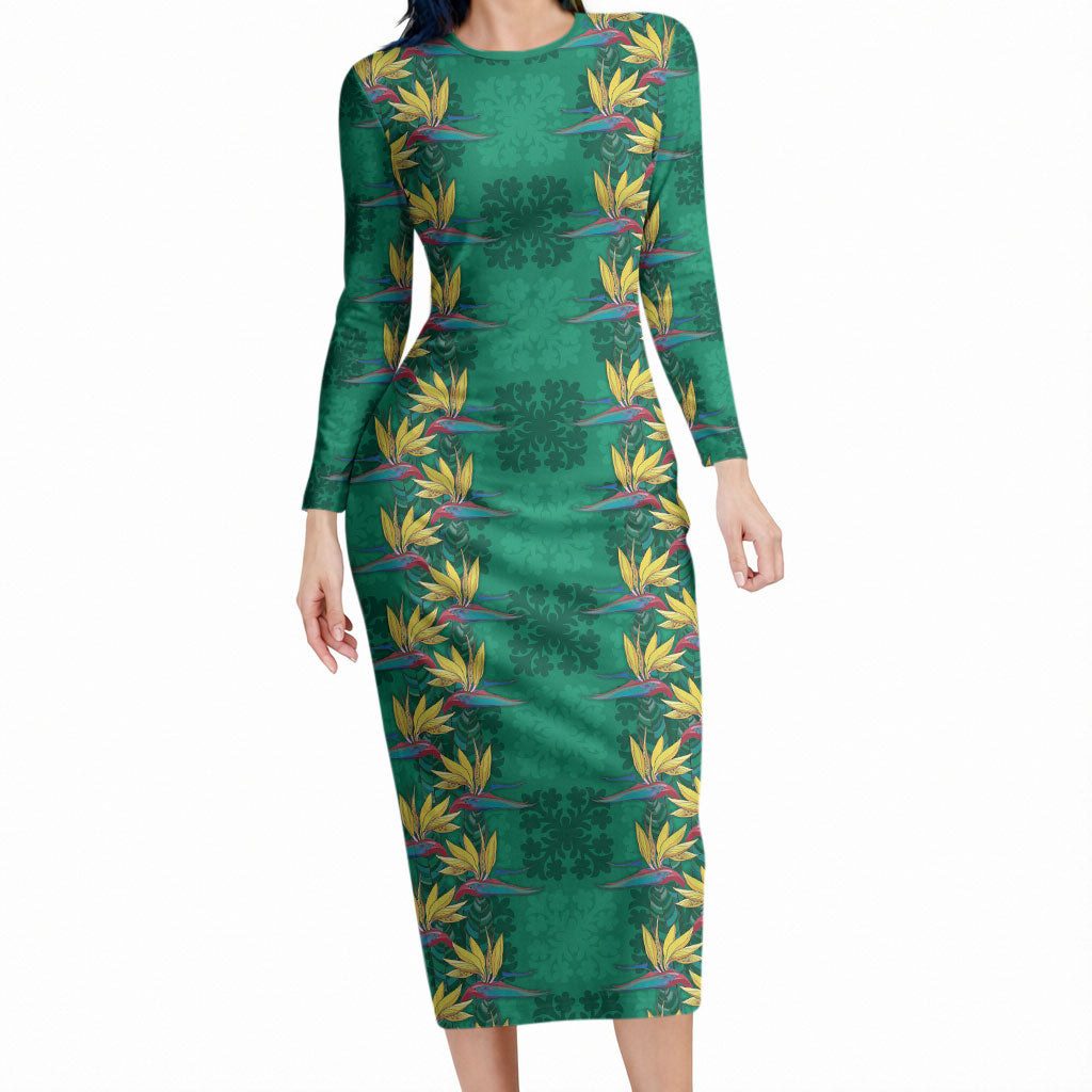 Hawaii Waikiki King Long Sleeve Bodycon Dress Green Quilt With Pua Manu