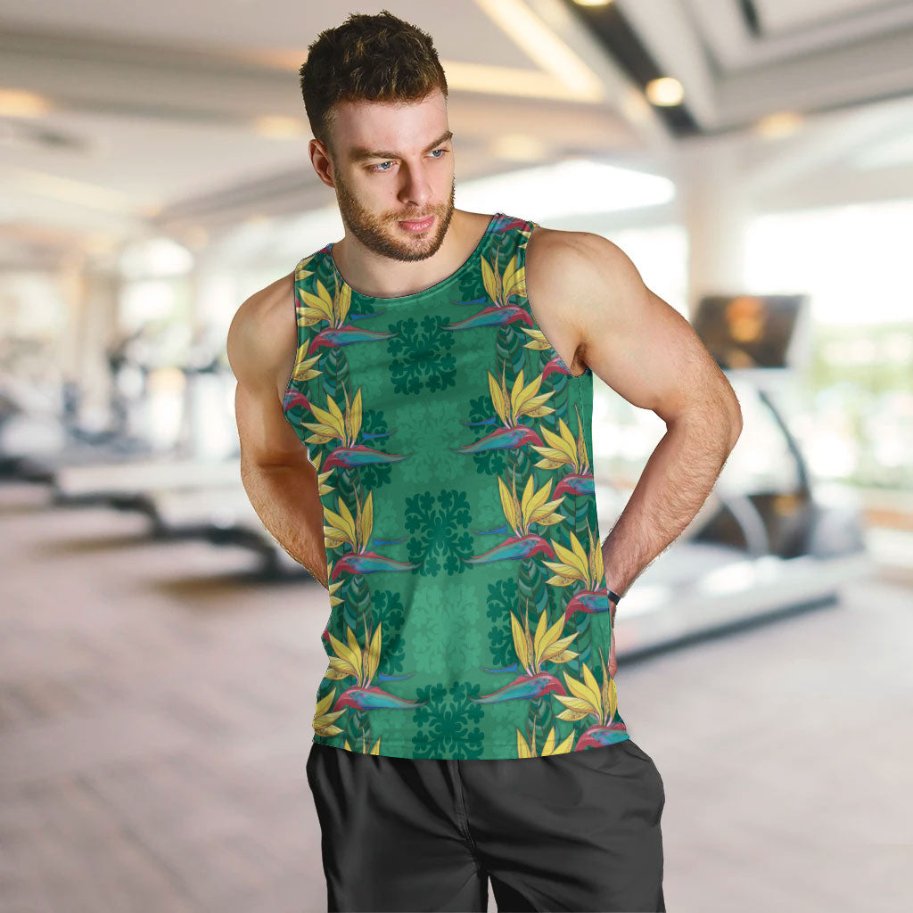 Hawaii Waikiki King Men Tank Top Green Quilt With Pua Manu