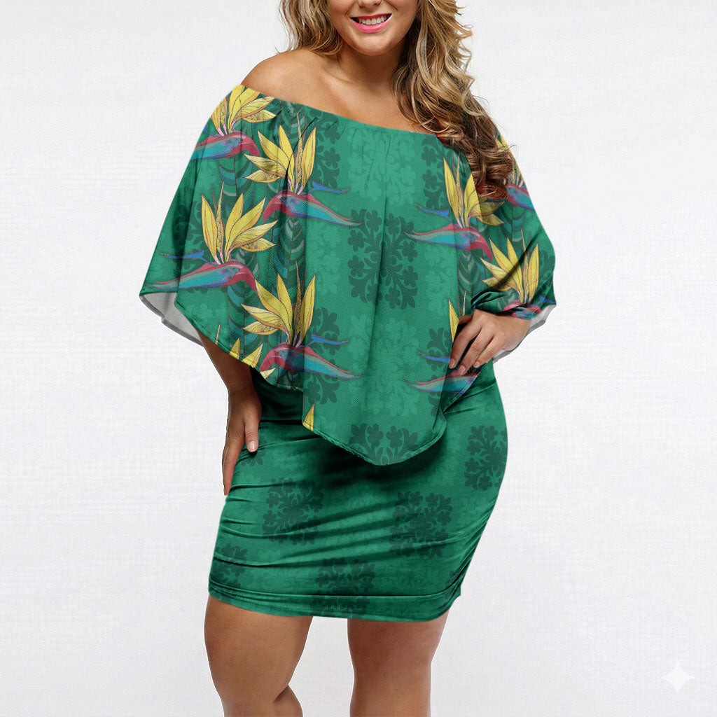 Hawaii Waikiki King Off Shoulder Short Dress Green Quilt With Pua Manu