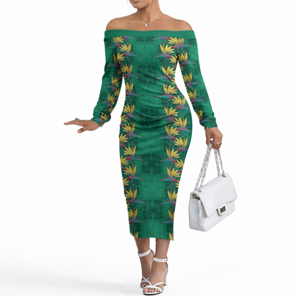 Hawaii Waikiki King Off The Shoulder Long Sleeve Dress Green Quilt With Pua Manu LT05 Women Green - Polynesian Pride