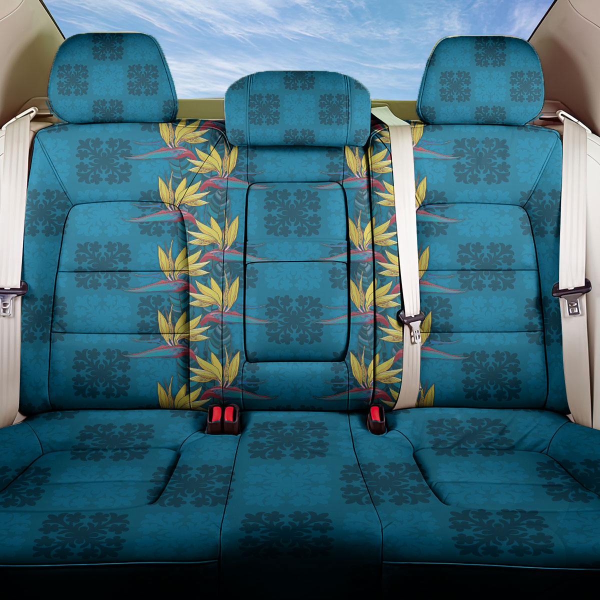 Hawaii Waikiki King Back Car Seat Cover Blue Quilt With Pua Manu