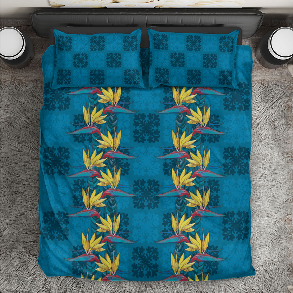 Hawaii Waikiki King Bedding Set Blue Quilt With Pua Manu