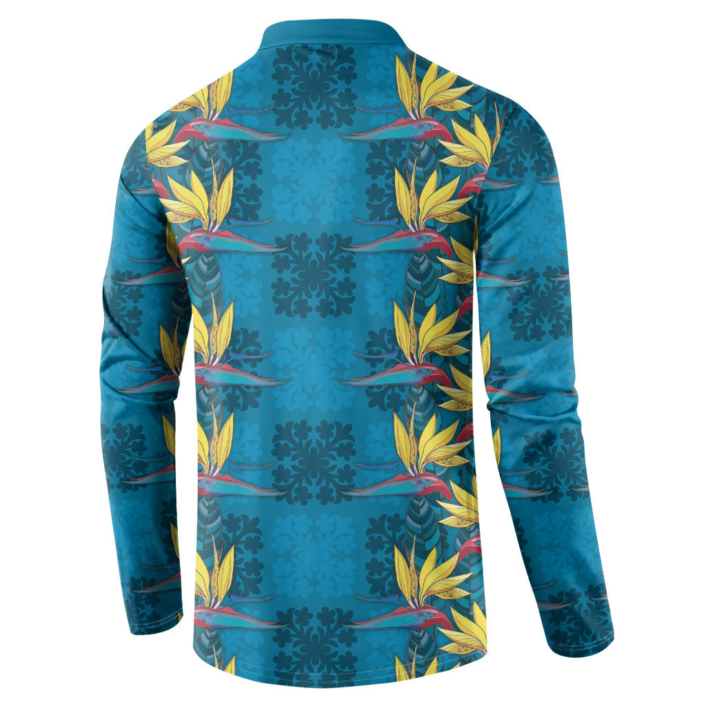 Hawaii Waikiki King Button Sweatshirt Blue Quilt With Pua Manu LT05 - Polynesian Pride